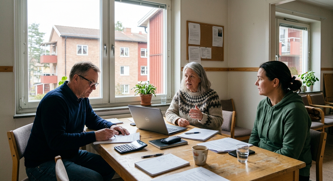 Tre styrelseledamöter går igenom ekonomiska handlingar vid ett bord i en föreningslokal.