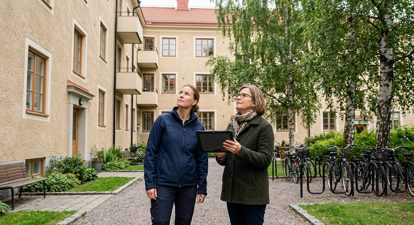 Två personer granskar fasaden på ett svenskt flerbostadshus med en surfplatta i handen.