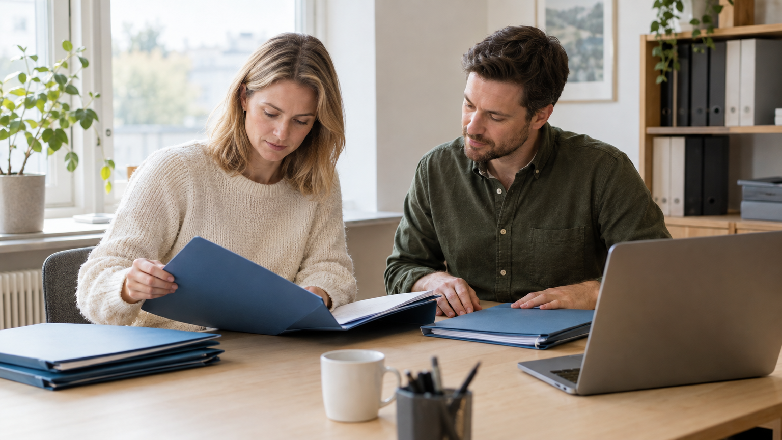Två personer som går igenom mappar och en bärbar dator vid ett mötesbord på ett kontor