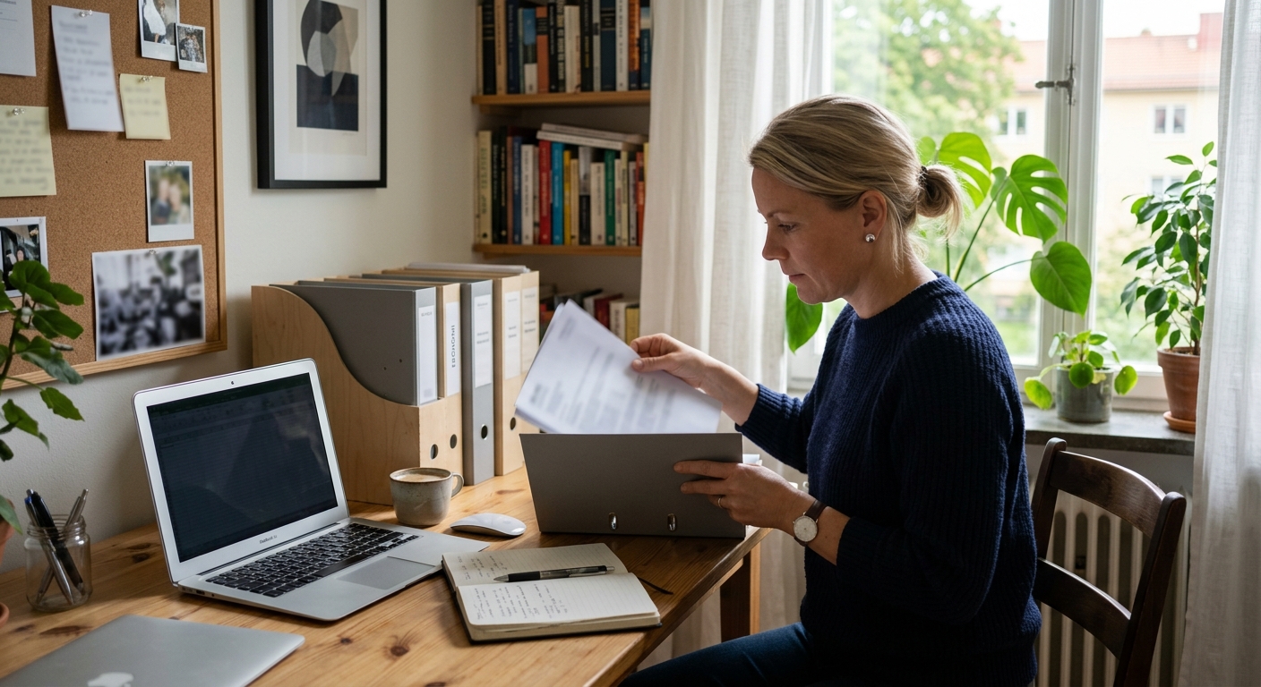 Företagare sorterar ekonomiska handlingar inför ett möte med en redovisningskonsult.