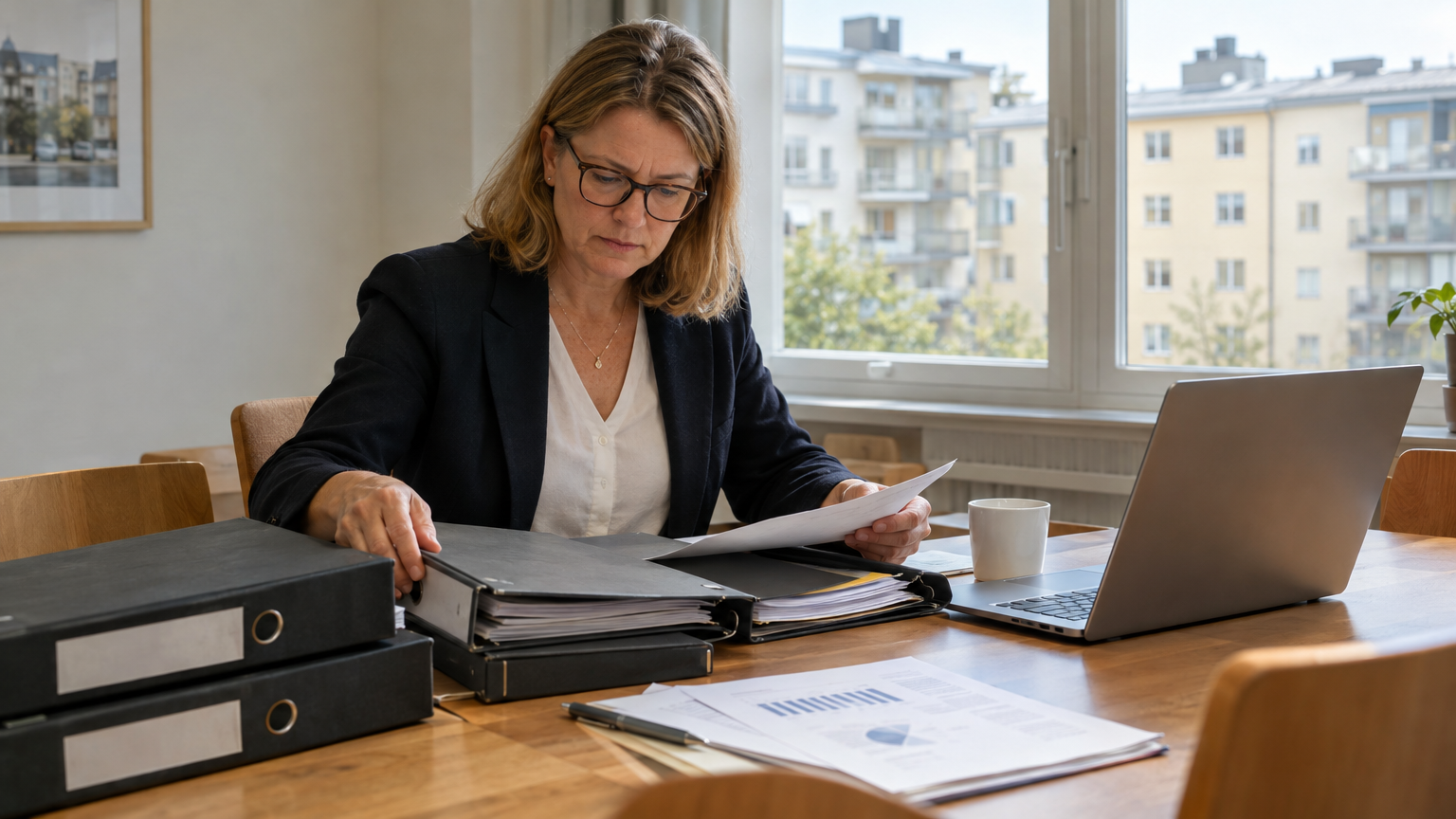 En styrelseledamot sorterar pärmar och ekonomiska handlingar bredvid en dator i ett föreningsrum.