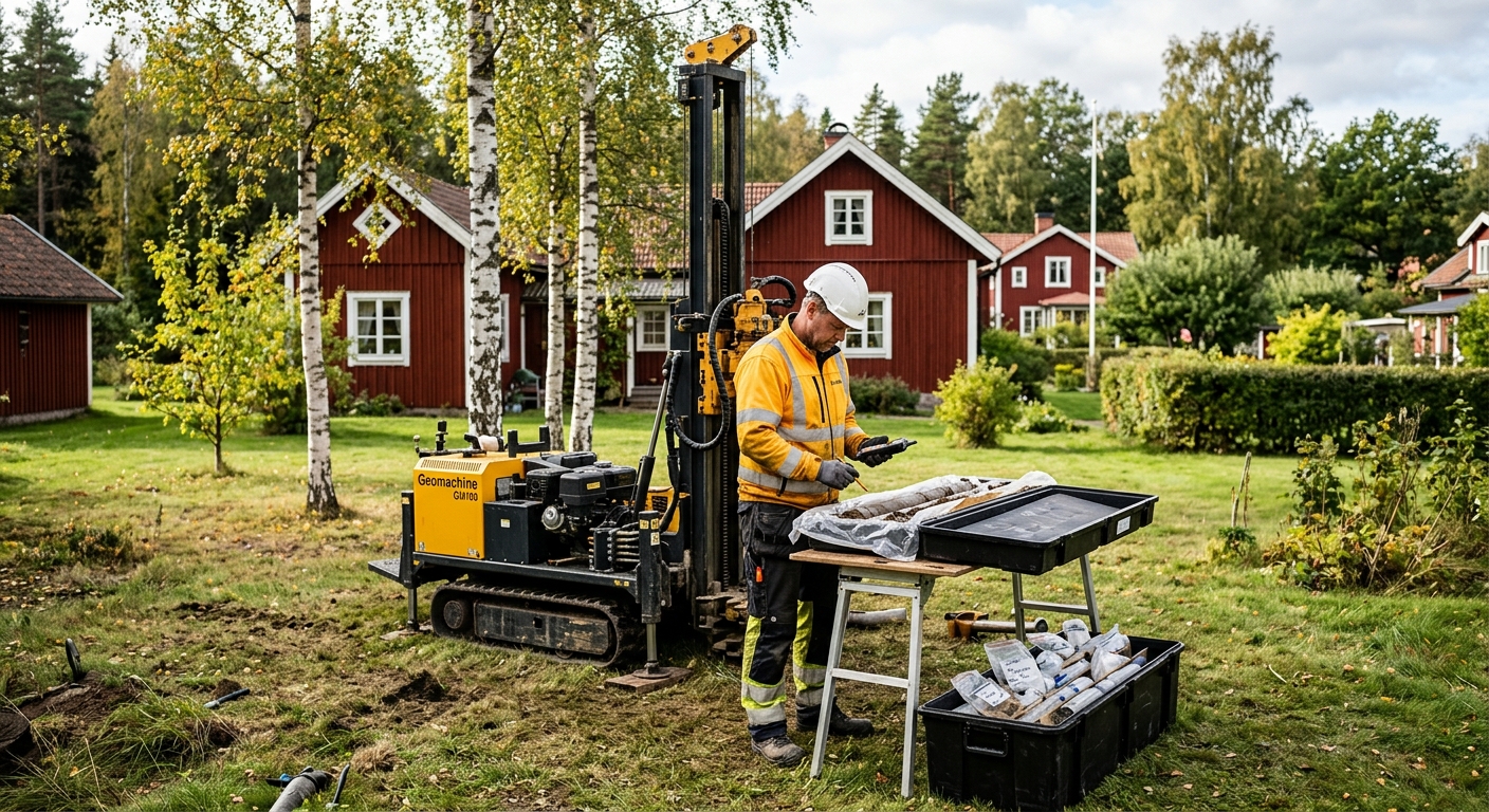 Geotekniker vid en bandgående borrigg på en svensk villatomt.