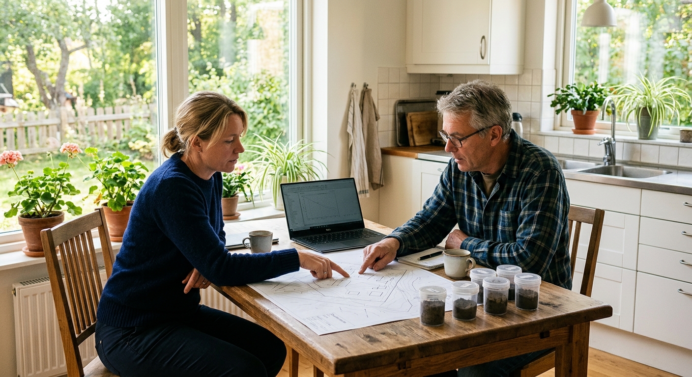 Konsult och villaägare granskar en situationsplan vid ett bord med jordprover.
