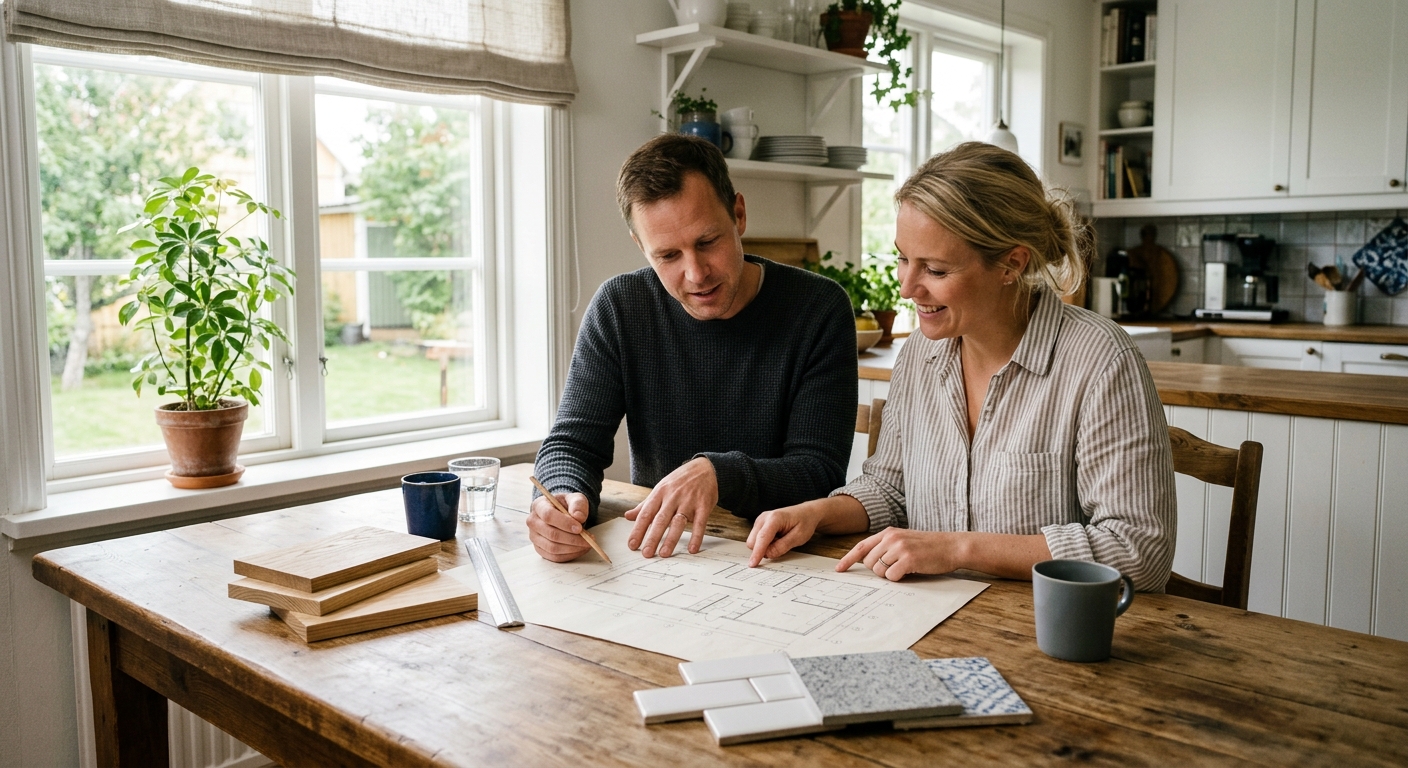 Två personer granskar en husritning vid ett bord med träprover och kakelprover.
