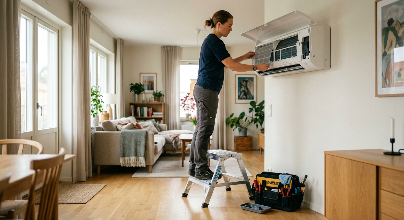 Servicetekniker tar ut ett dammfilter ur en väggmonterad AC-innedel i ett svenskt hem.
