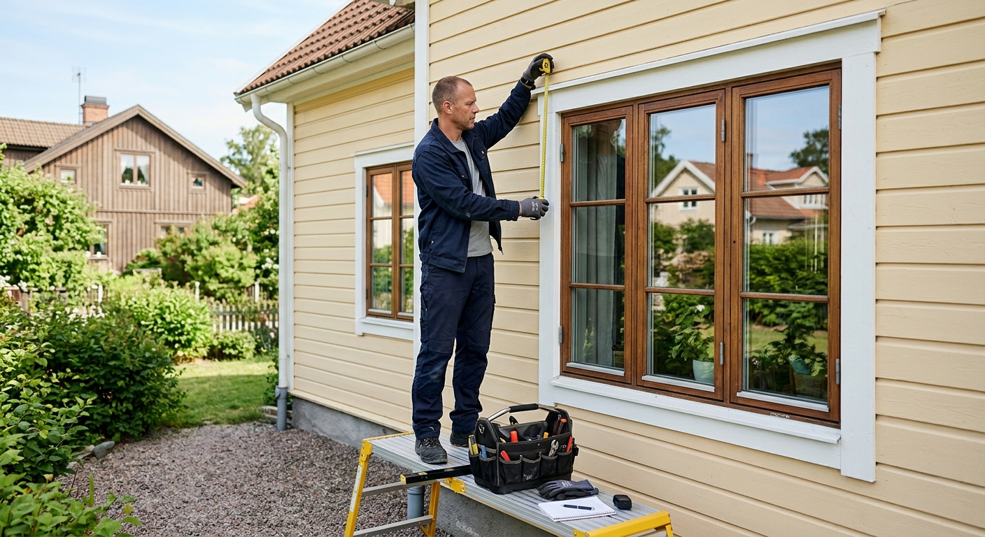 Montör mäter utrymmet ovanför ett fönster på en villa med träfasad.
