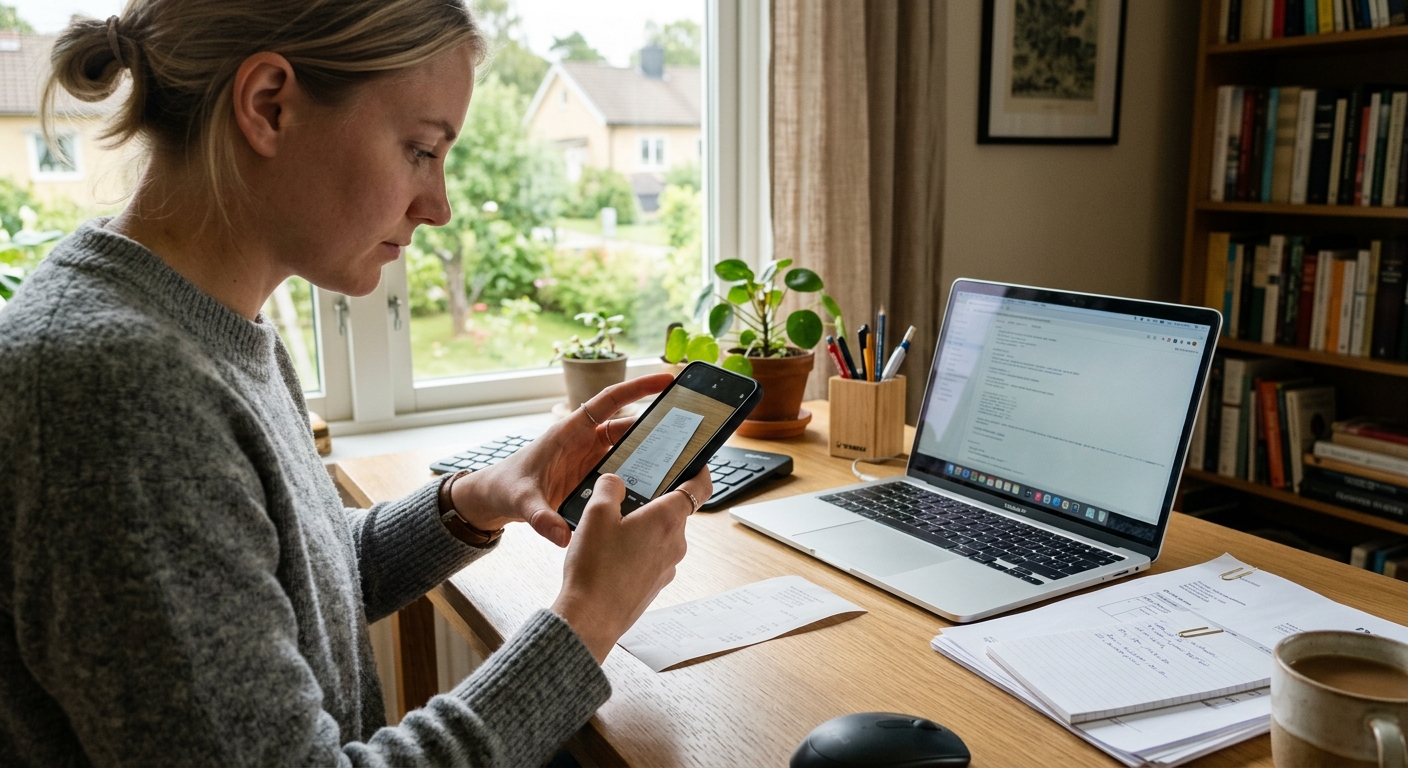 Person fotograferar ett kvitto med mobiltelefon bredvid en laptop på ett skrivbord.