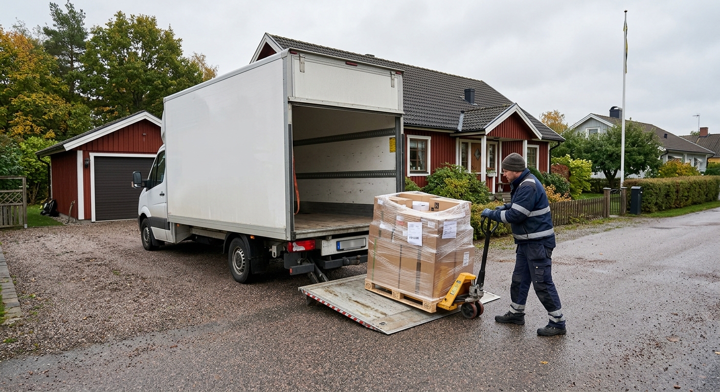 En transportmedarbetare flyttar en emballerad pall med pallvagn vid en lastbils bakgavellyft på en svensk garageuppfart.