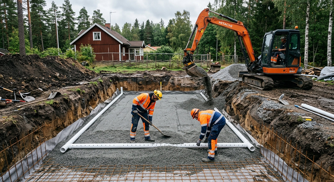 Schaktning och grundläggning inför en nedgrävd pool
