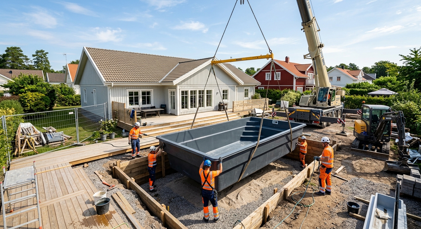 Rektangulär glasfiberpool nedsänkt i en trädgård