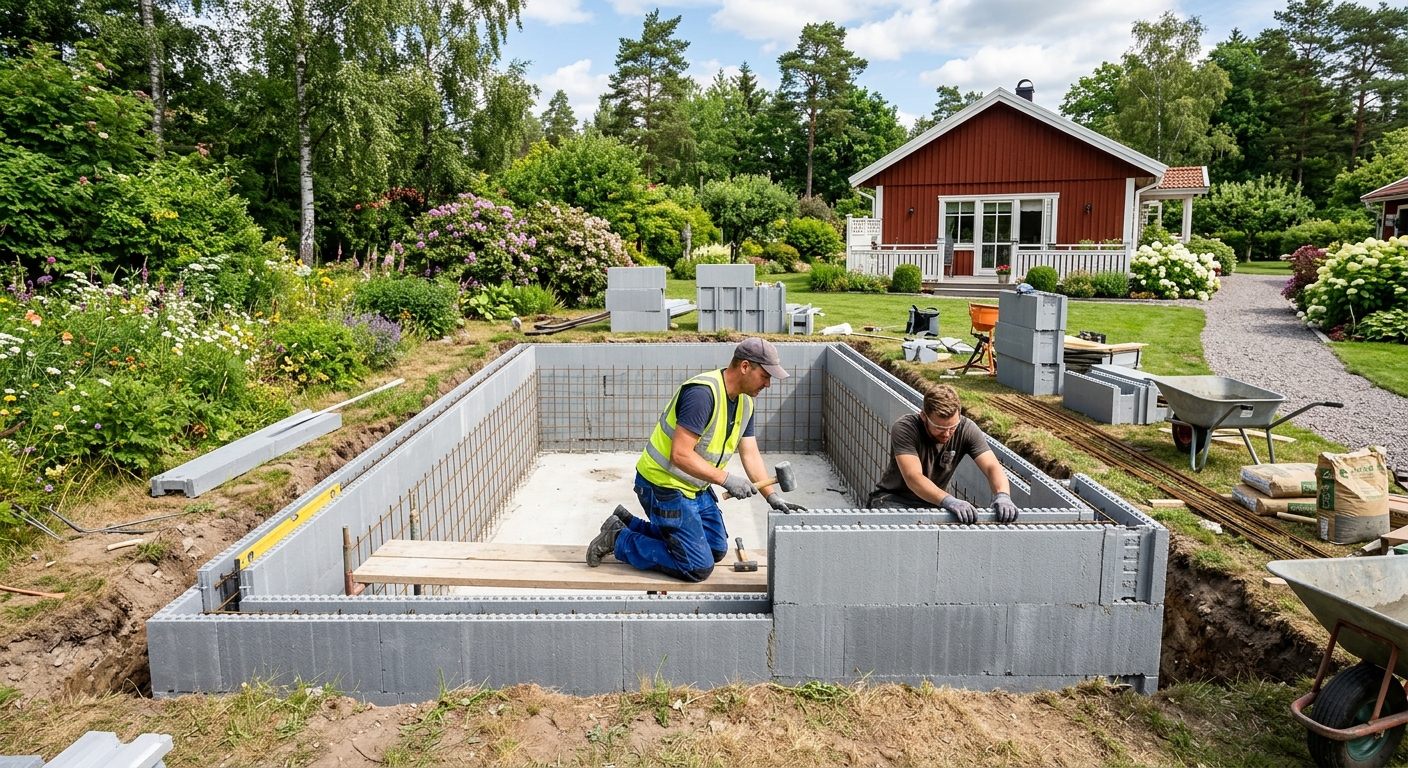 Pool byggd med isolerande block och liner