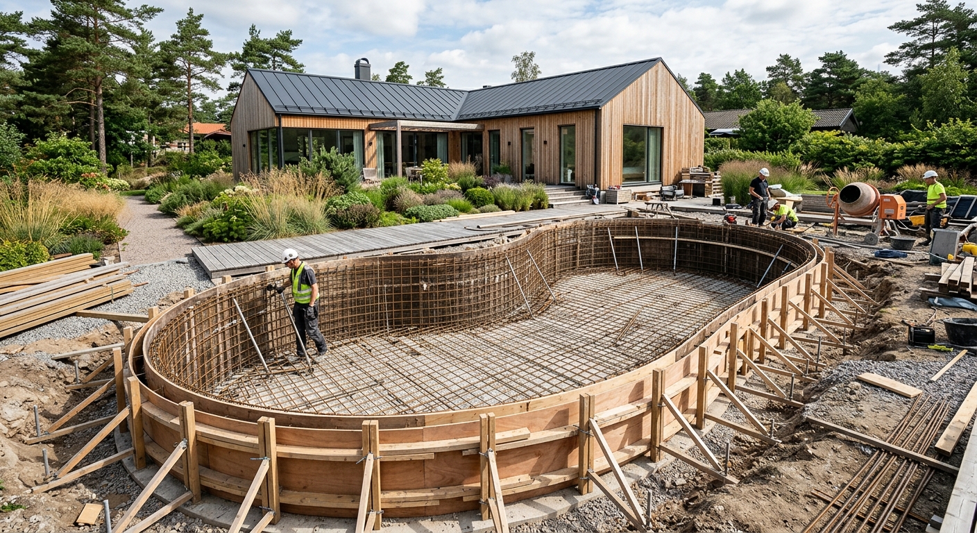 Platsbyggd betongpool med specialanpassad form