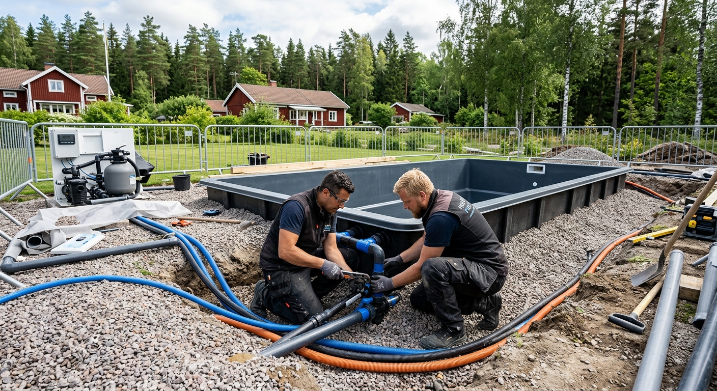 Installatörer monterar rör och teknik vid en nedgrävd pool