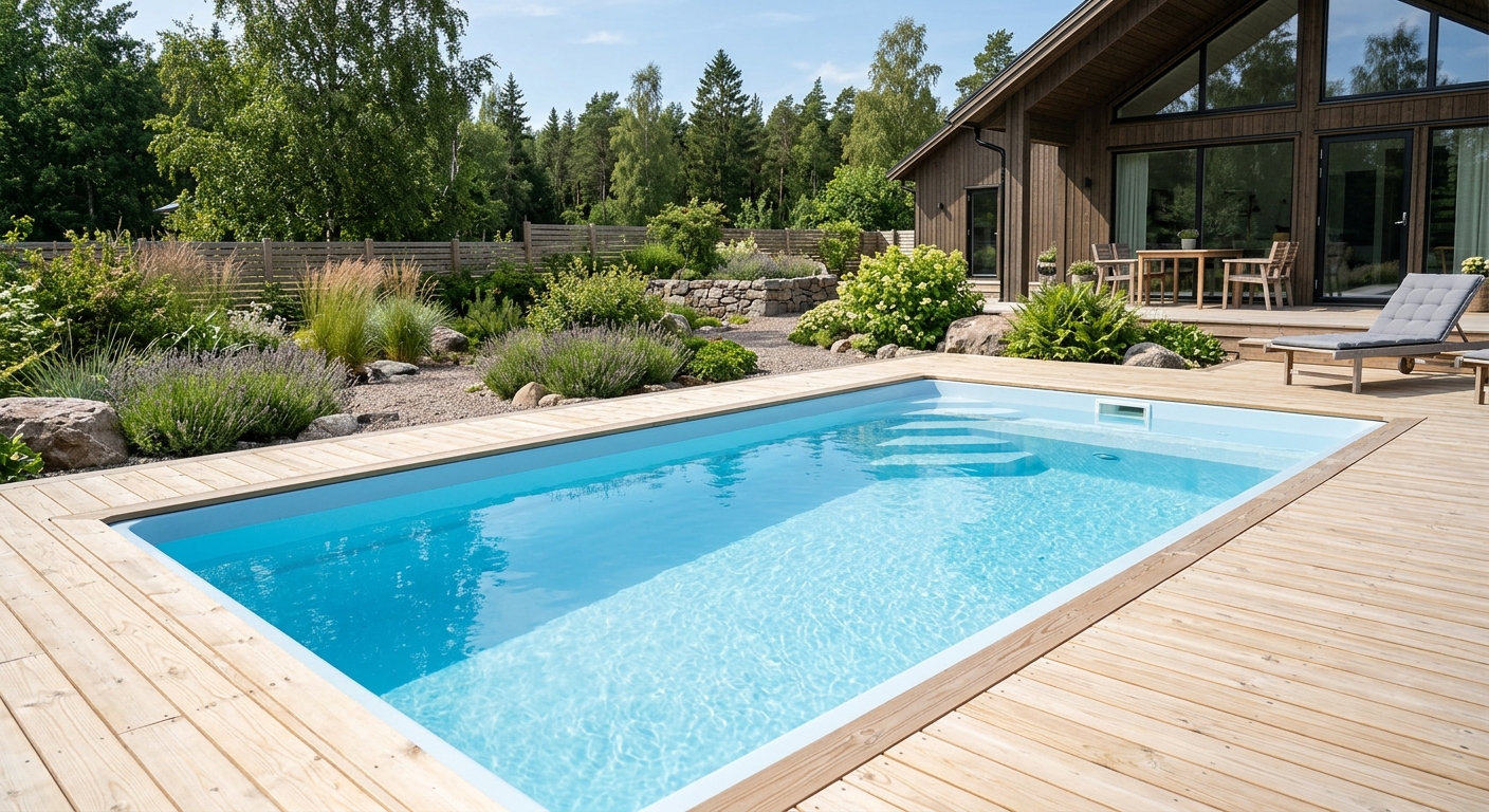 Glasfiberpool nedsänkt i villaträdgård