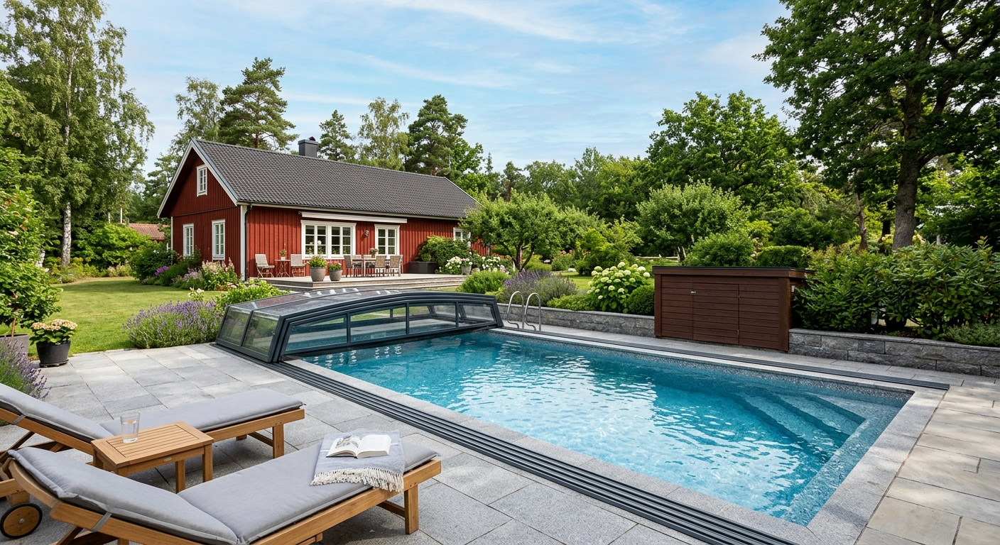 Färdig pool med säkert pooltak och separat teknikutrymme