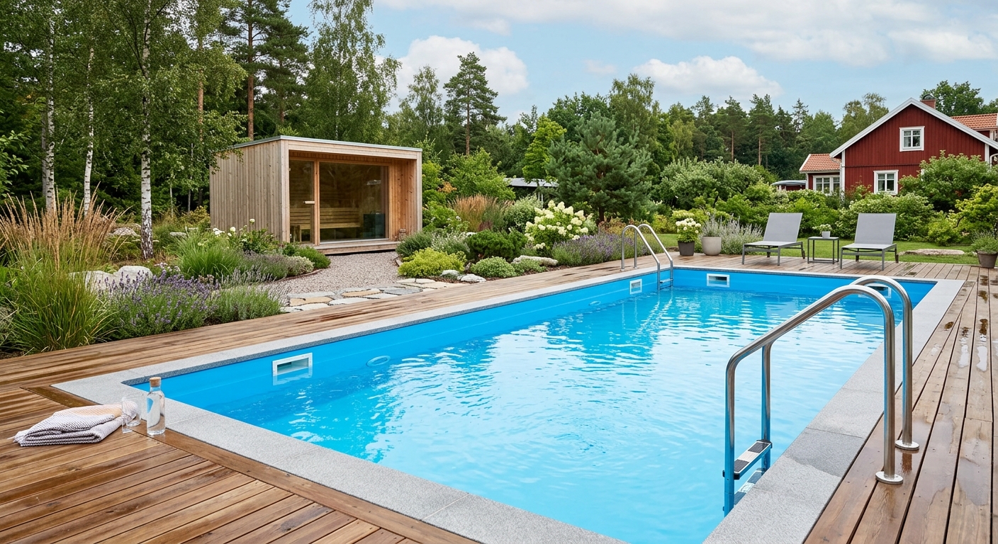 Renoverad pool med ny blå liner