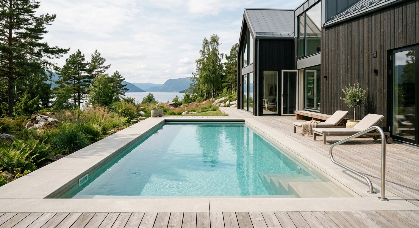 Renoverad betongpool med ljust ytskikt