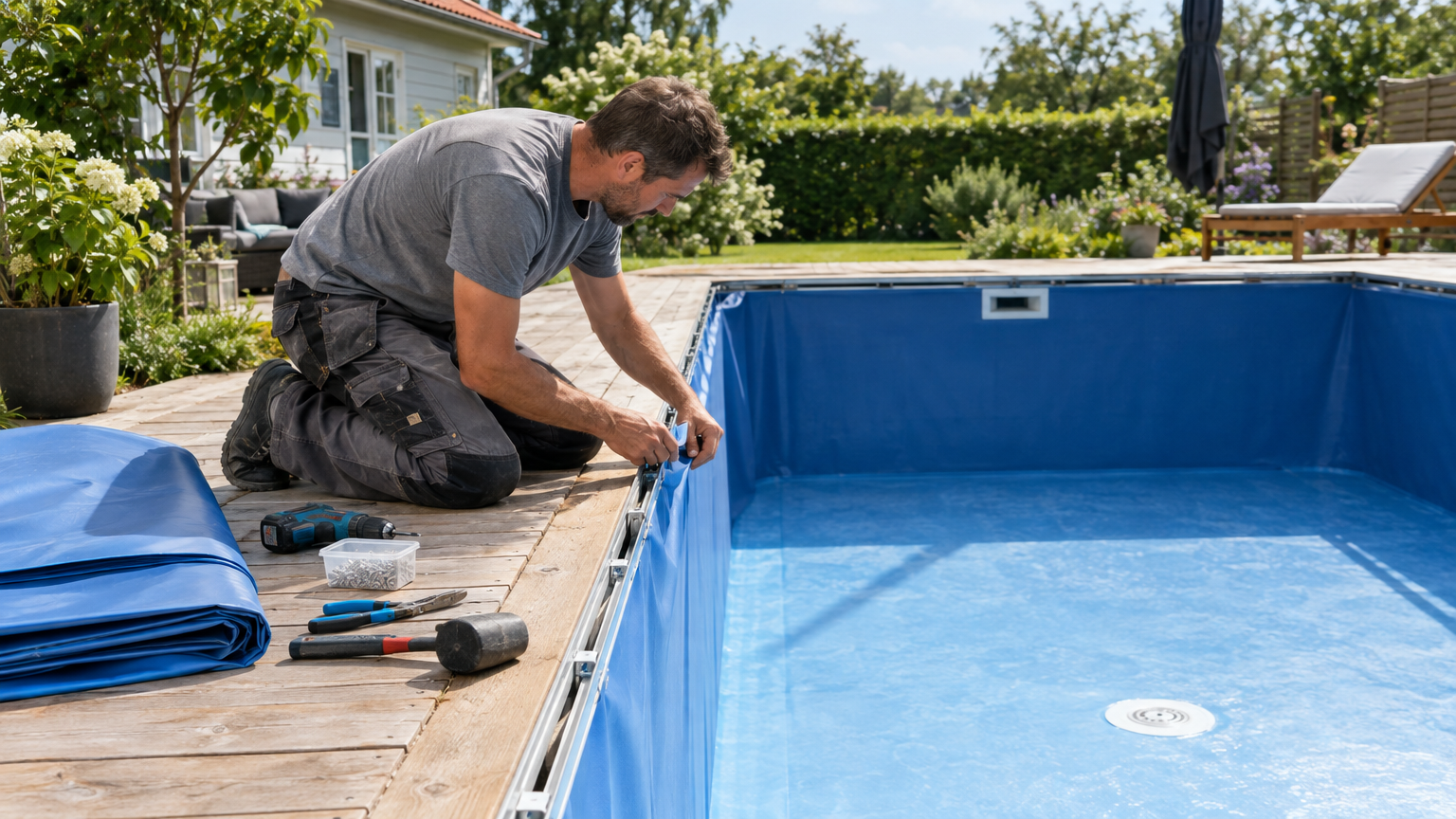 Montör kontrollerar blå poolliner vid kanten av en rektangulär pool i en villaträdgård.