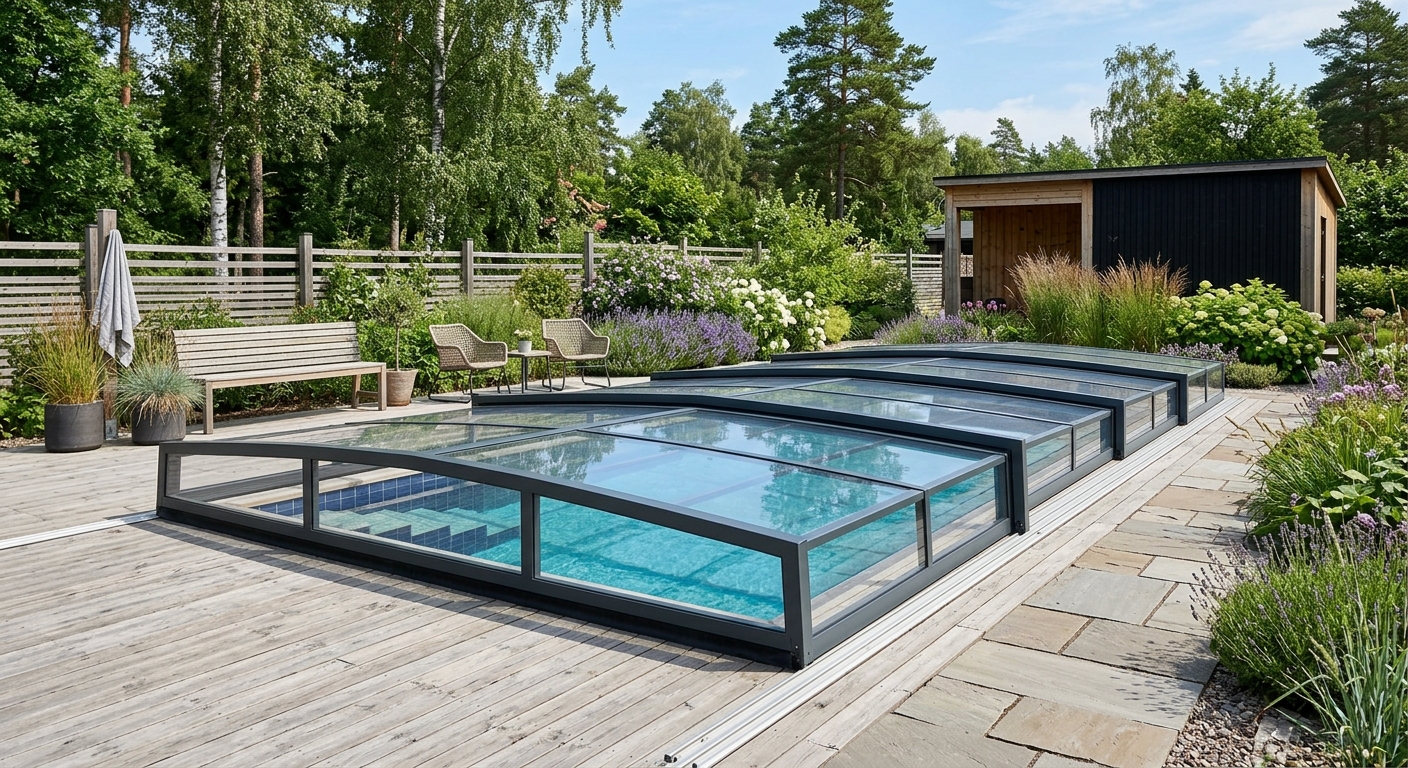 Lågt skjutbart pooltak över en rektangulär pool