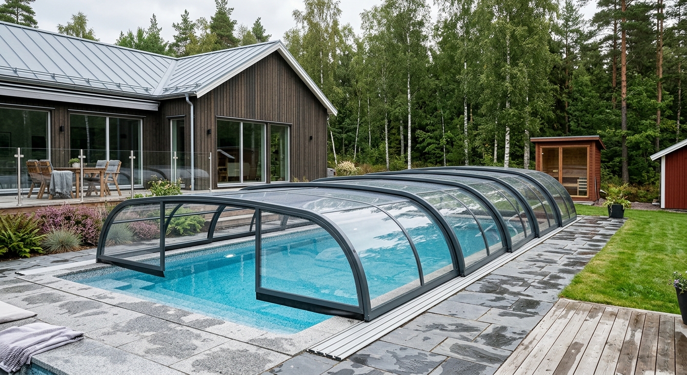 Medelhögt pooltak med balanserad profil och användbar rymd