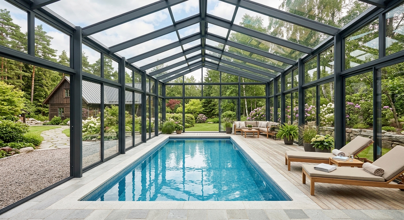 Högt pooltak med gångutrymme längs poolen