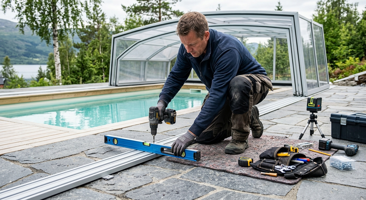 Montör som installerar skena och infästning för ett skjutbart pooltak