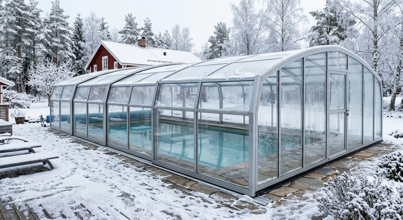 Pooltak i svensk vintermiljö med varsamt borttagen snö
