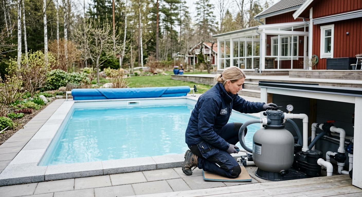Vårstart av utomhuspool med kontroll av pump och reningssystem