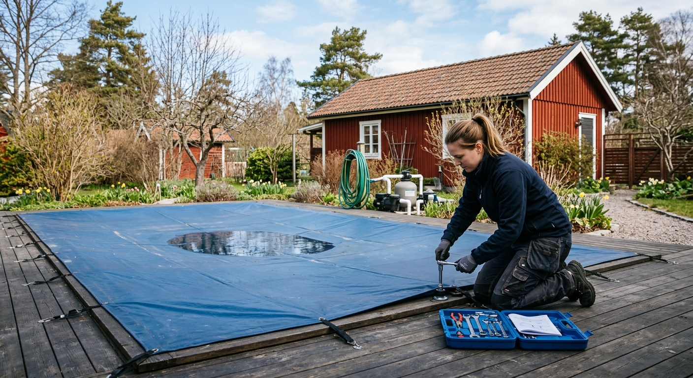 Pooltekniker som förbereder en utomhuspool för säsongsöppning
