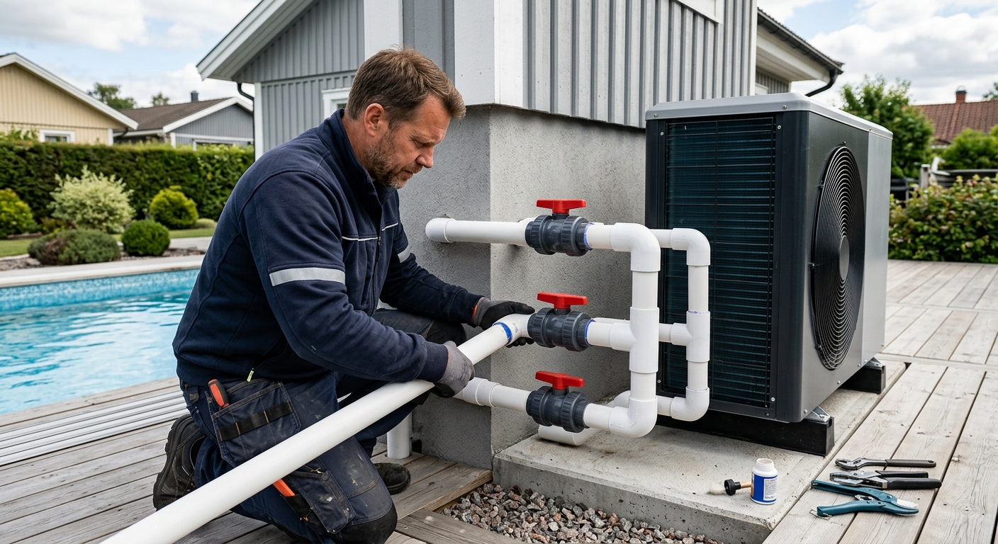 Rörmokare installerar bypass och ventiler till en poolvärmepump