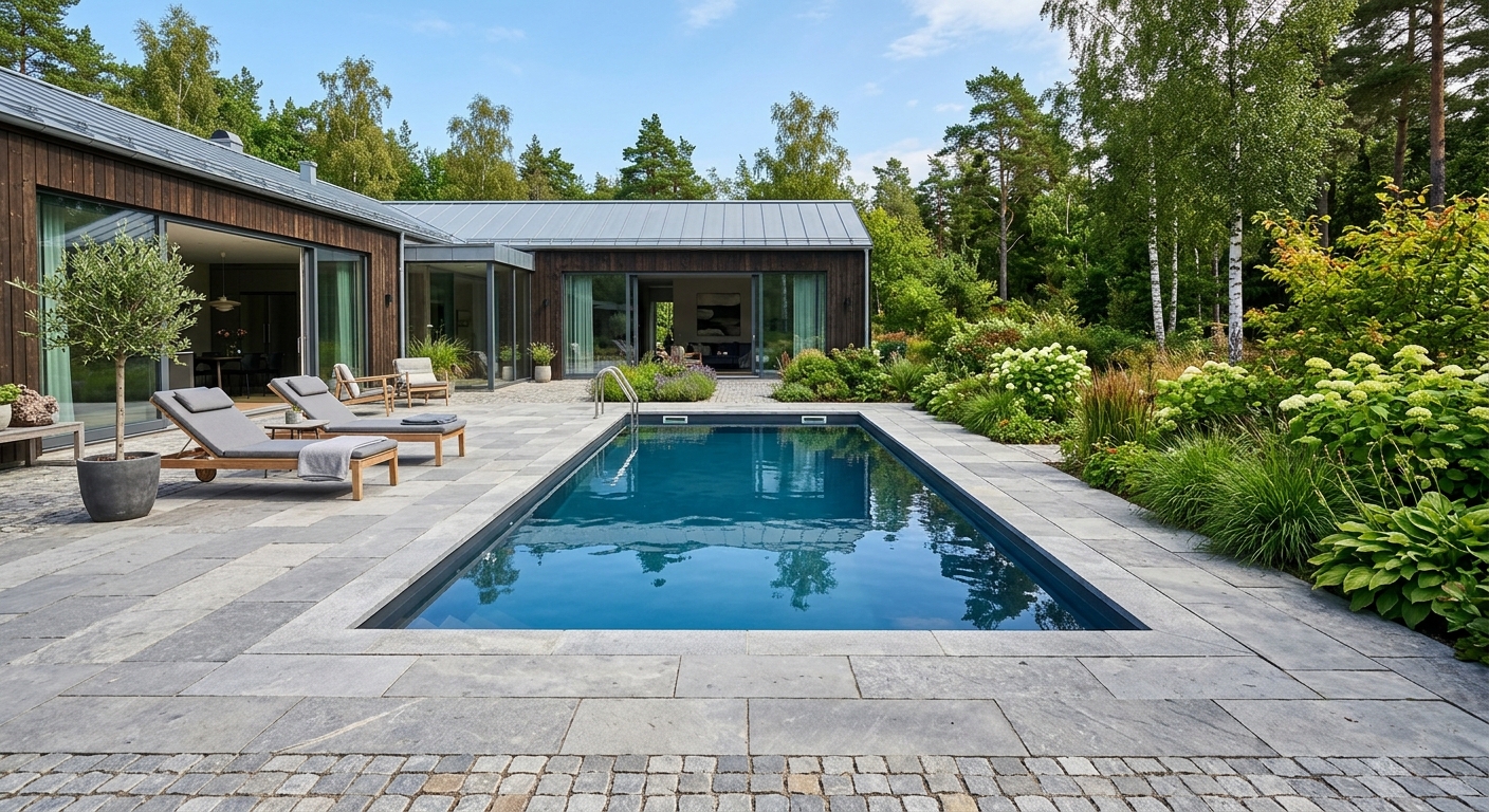 Nedgrävd rektangulär glasfiberpool i svensk trädgård