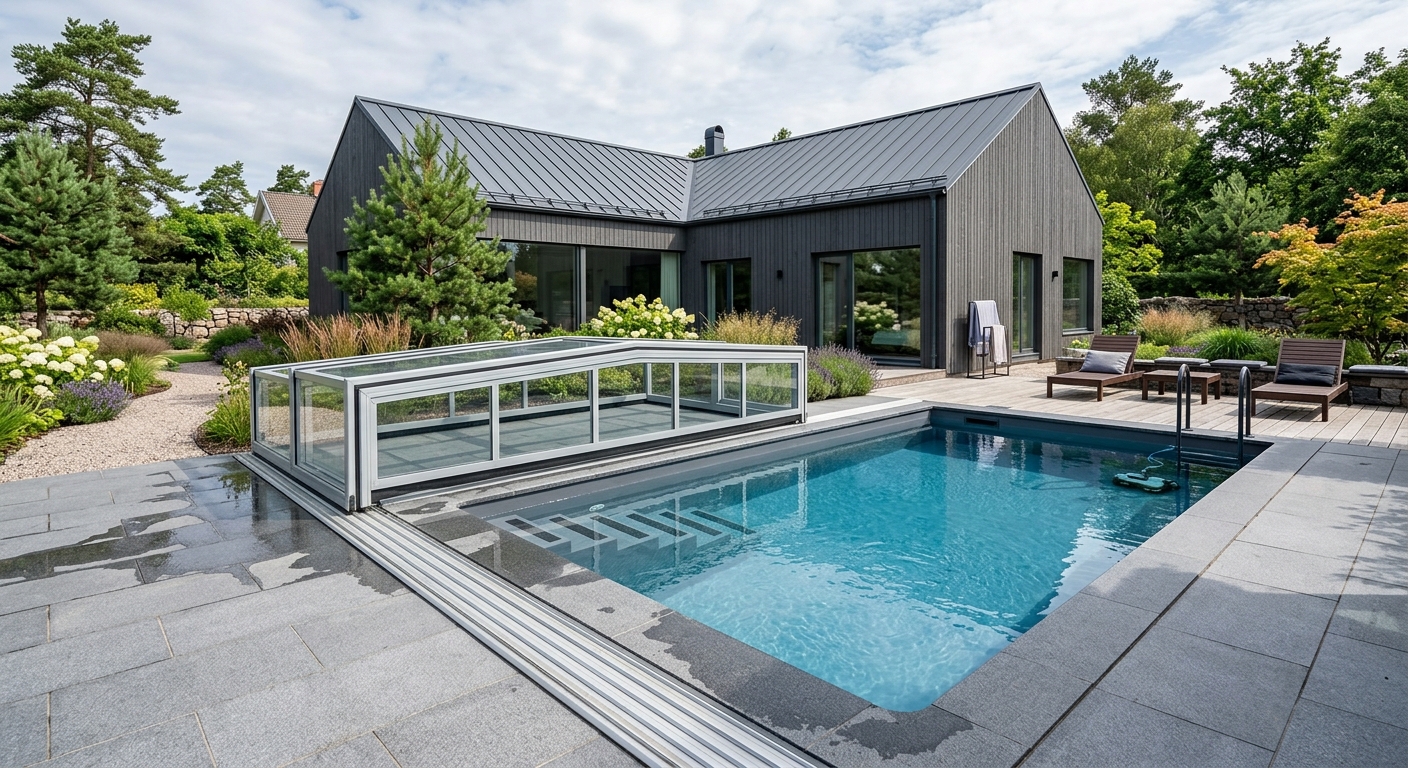 Nedgrävd thermopool med trappa och pooltak