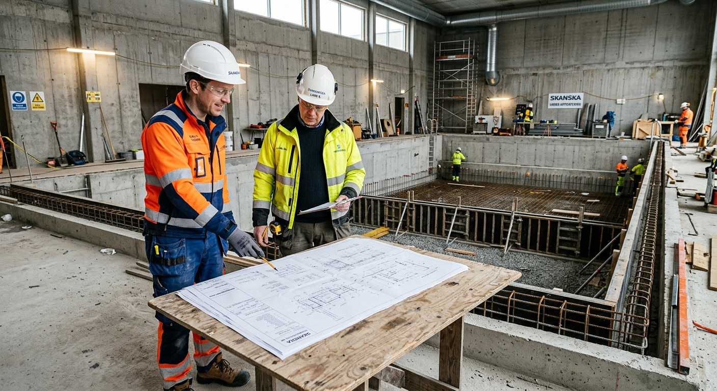 Husägare och entreprenör jämför offerter för inomhuspool