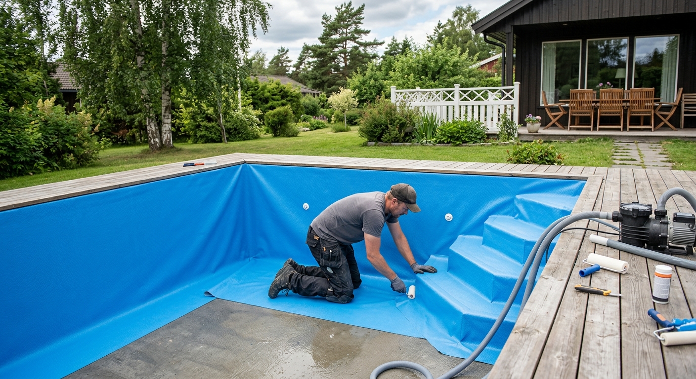 Montering av ny blå poolliner i en tömd pool