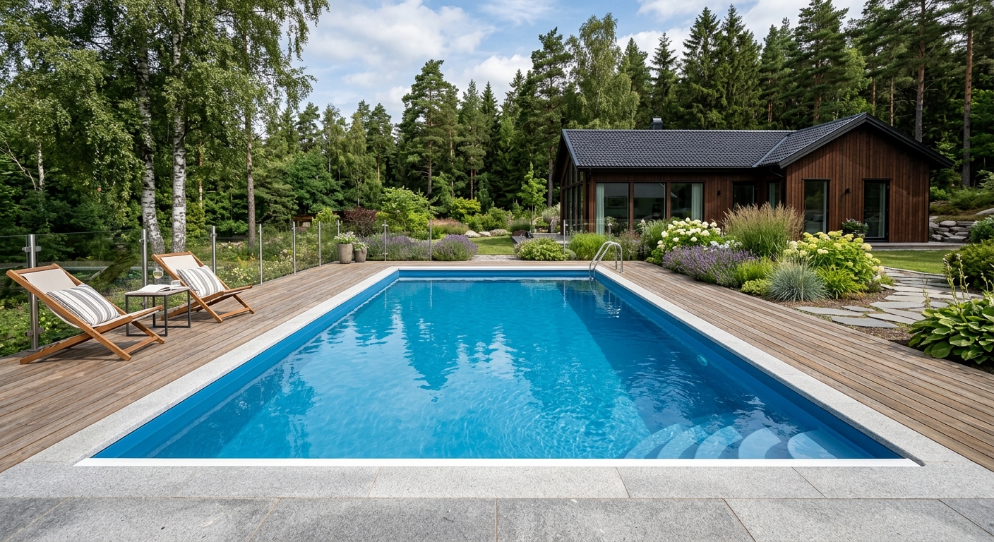 Nyfylld pool med nyinstallerad liner och jämn yta