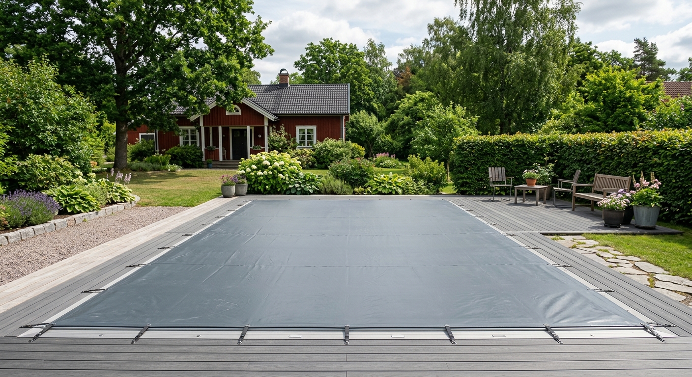 Spänd säkerhetsduk över rektangulär pool