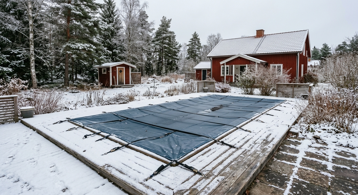 Vinteröverdrag monterat över pool