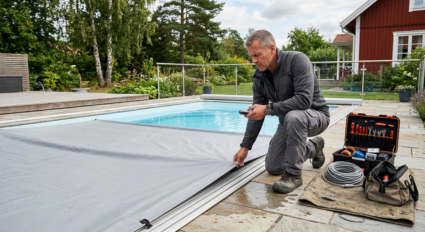 Installatör som funktionskontrollerar ett poolskydd efter montering