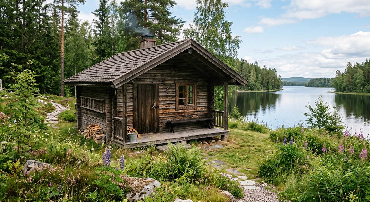 Klassisk fristående bastustuga med träfasad