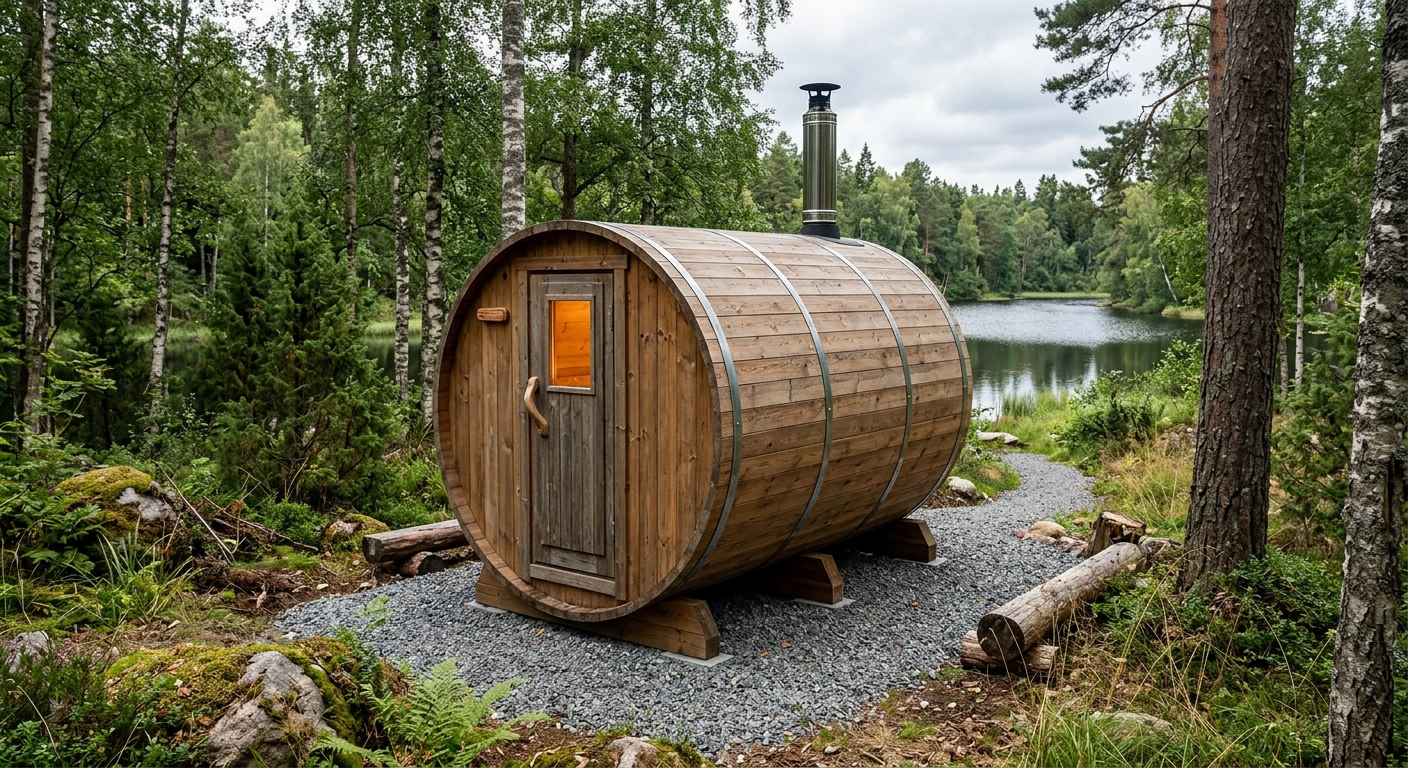 Rund bastutunna i trä utomhus
