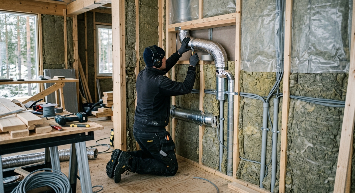 Fackperson installerar ventilation och förbereder el i en bastu före panelmontage