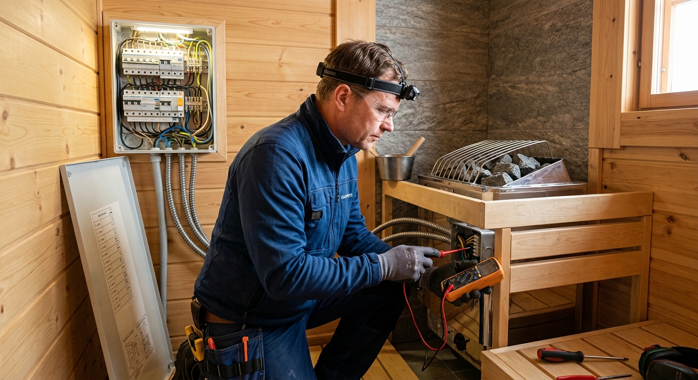 Elektriker som kontrollerar elanslutningen vid byte av bastuaggregat