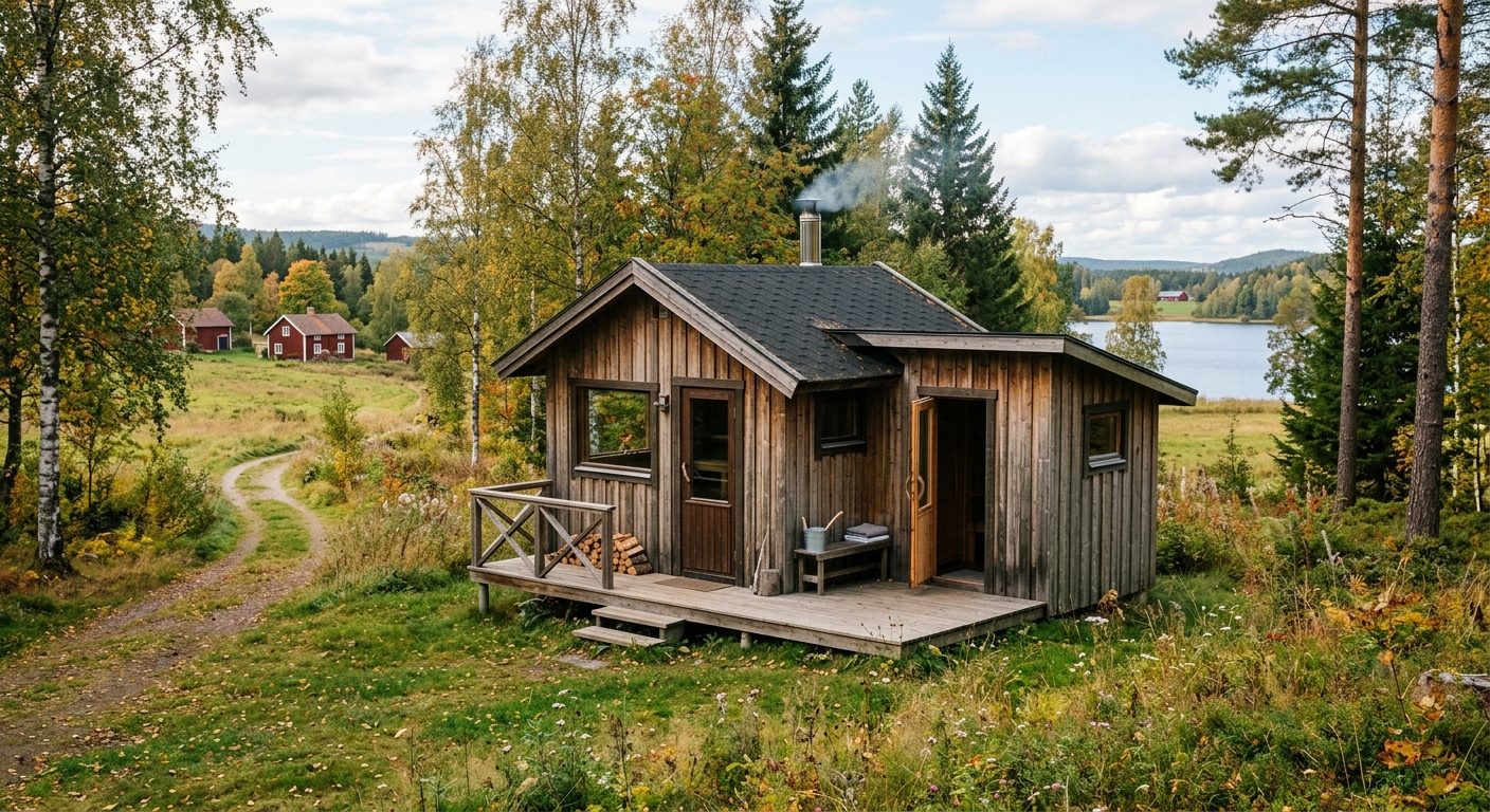 Fristående bastustuga med sadeltak och litet förrum
