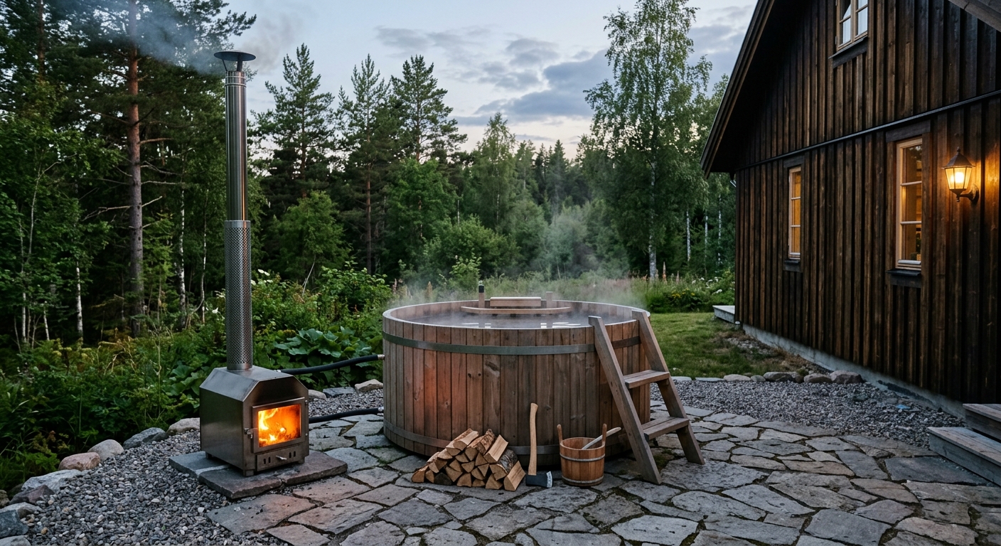 Vedeldad badtunna med säkert placerad kamin och rökrör på en öppen uteplats