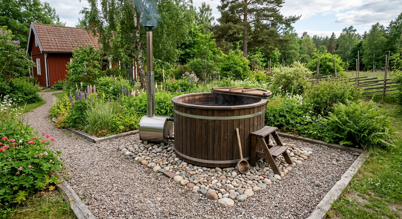 Fristående badtunna på ett dränerande underlag