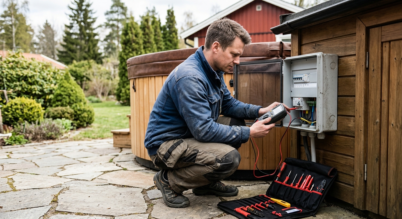 Elektriker som kontrollerar säker elmatning till en utomhusbadtunna