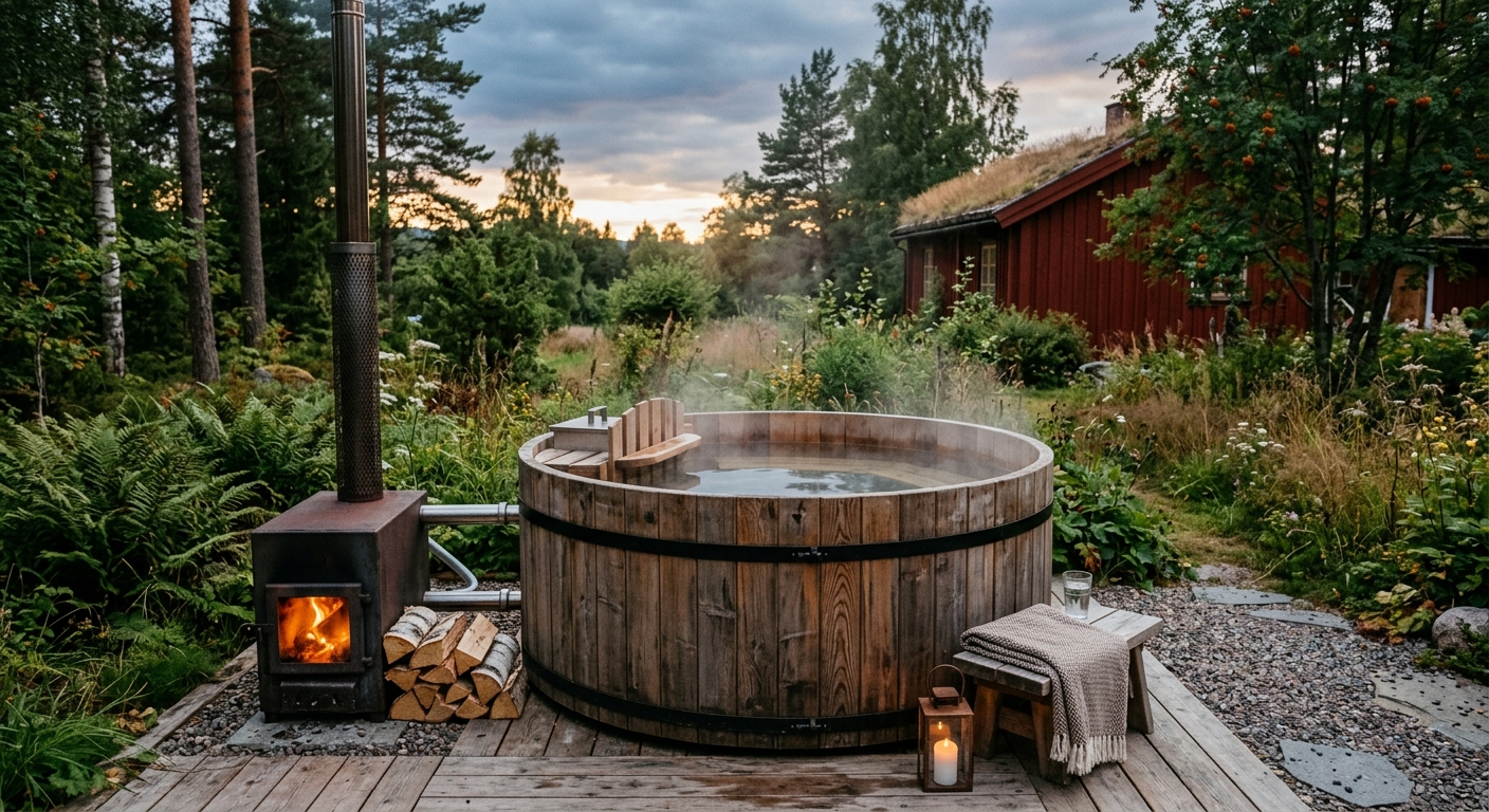 Traditionell rund badtunna helt i trä med utvändig vedkamin