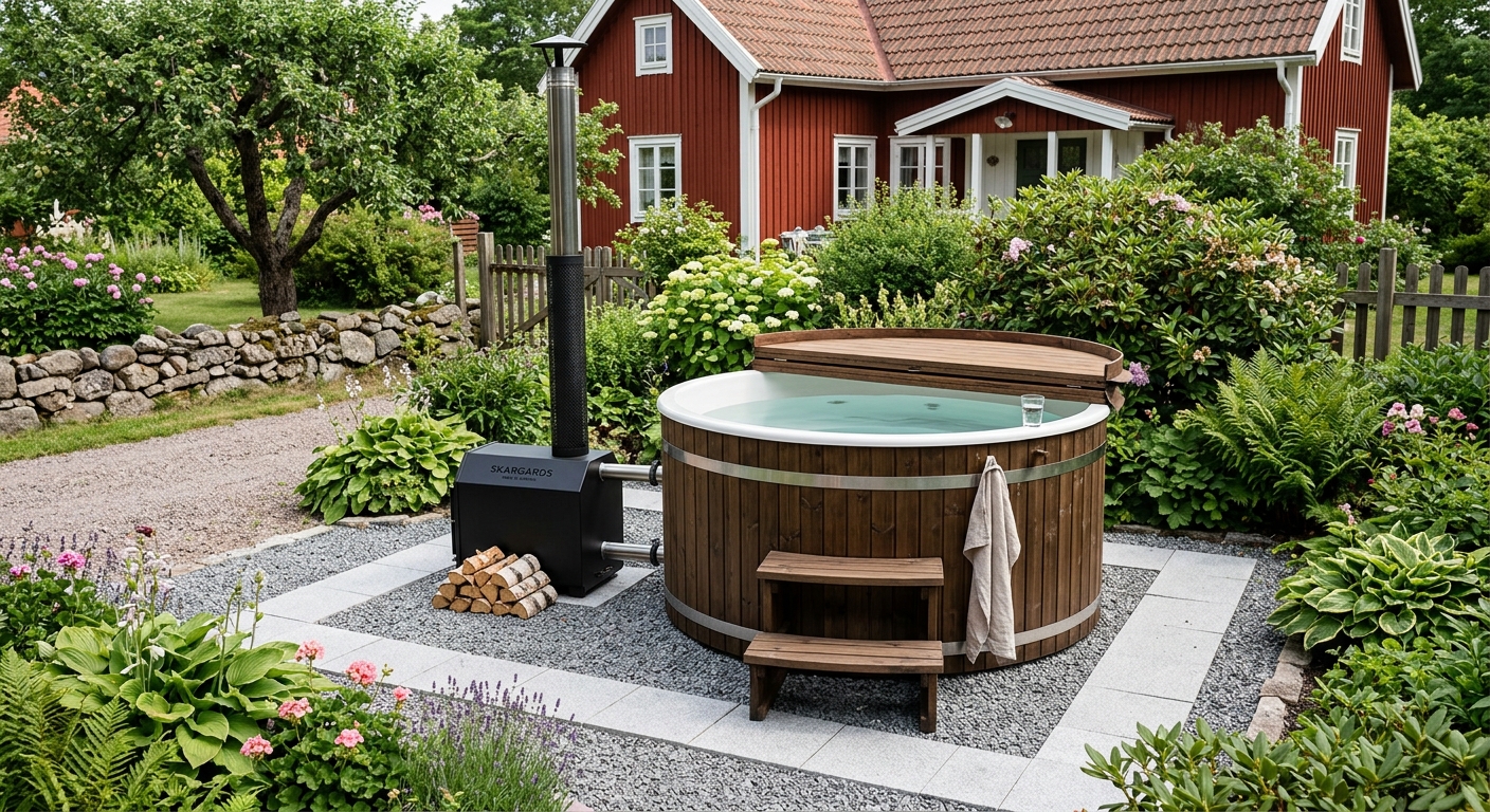Fundament och serviceåtkomst under en vedeldad badtunna