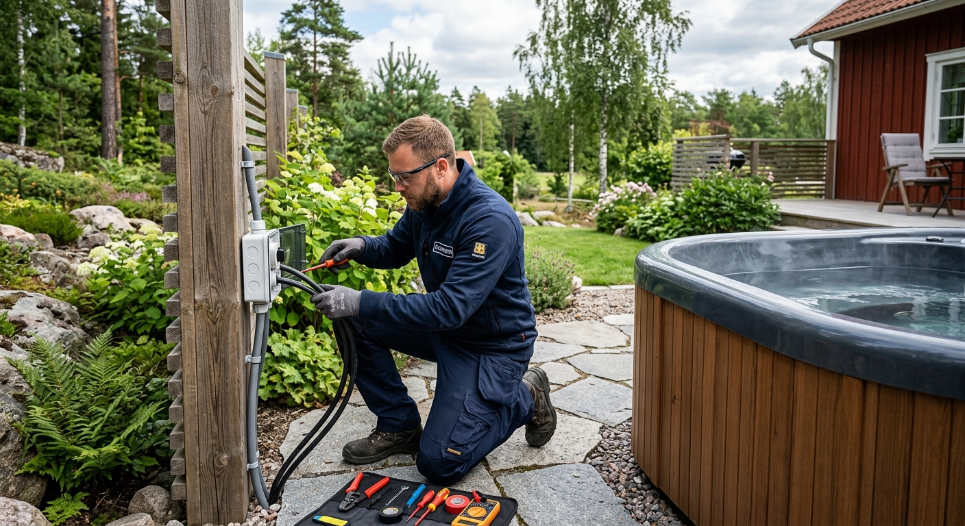 Elektriker som förbereder säker elanslutning till jacuzzi