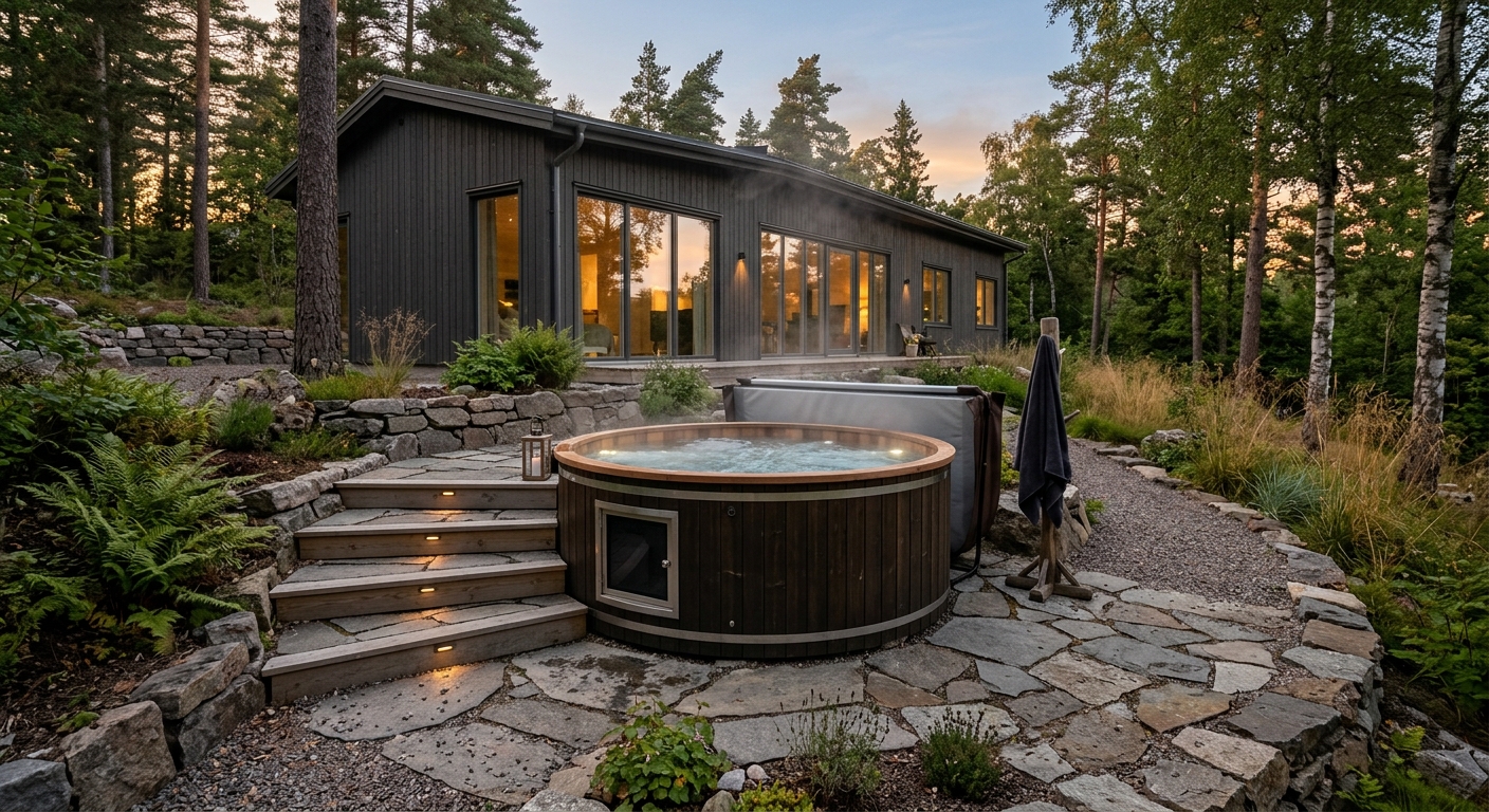 Fristående jacuzzi på förberedd uteplats